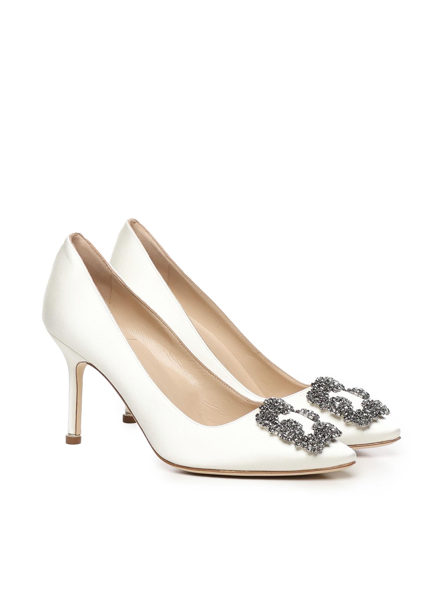 Décolleté Hangisi con fibbia gioiello in raso bianco 9XX0663 1309 MANOLO BLAHNIK