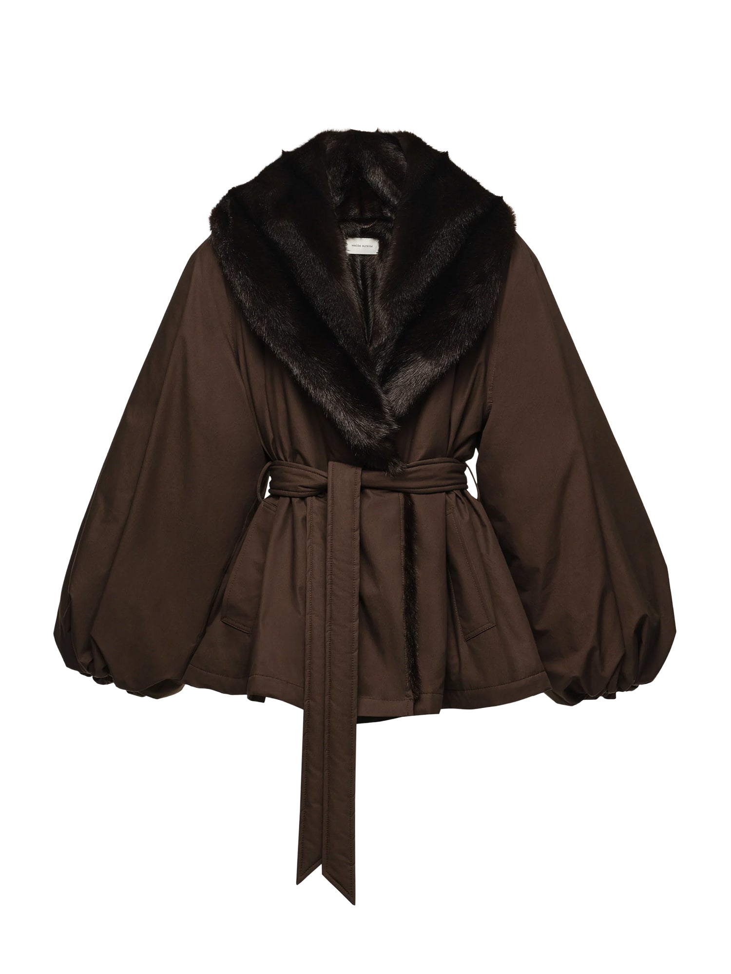 Giacca marrone con cintura e collo in pelliccia sintetica 145926  MAGDA BUTRYM 