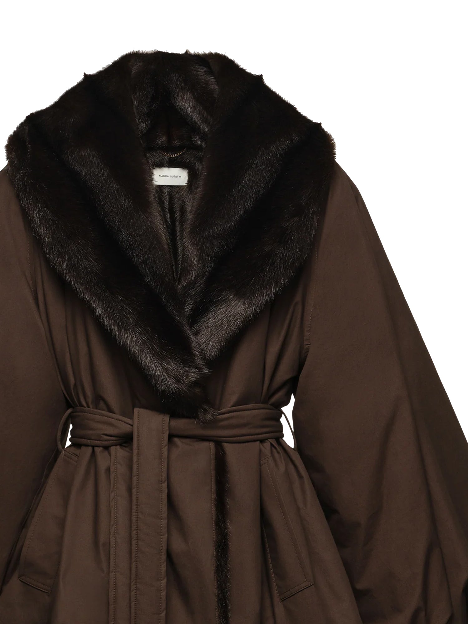 Giacca marrone con cintura e collo in pelliccia sintetica 145926  MAGDA BUTRYM 