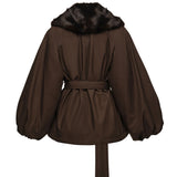 Giacca marrone con cintura e collo in pelliccia sintetica 145926  MAGDA BUTRYM 
