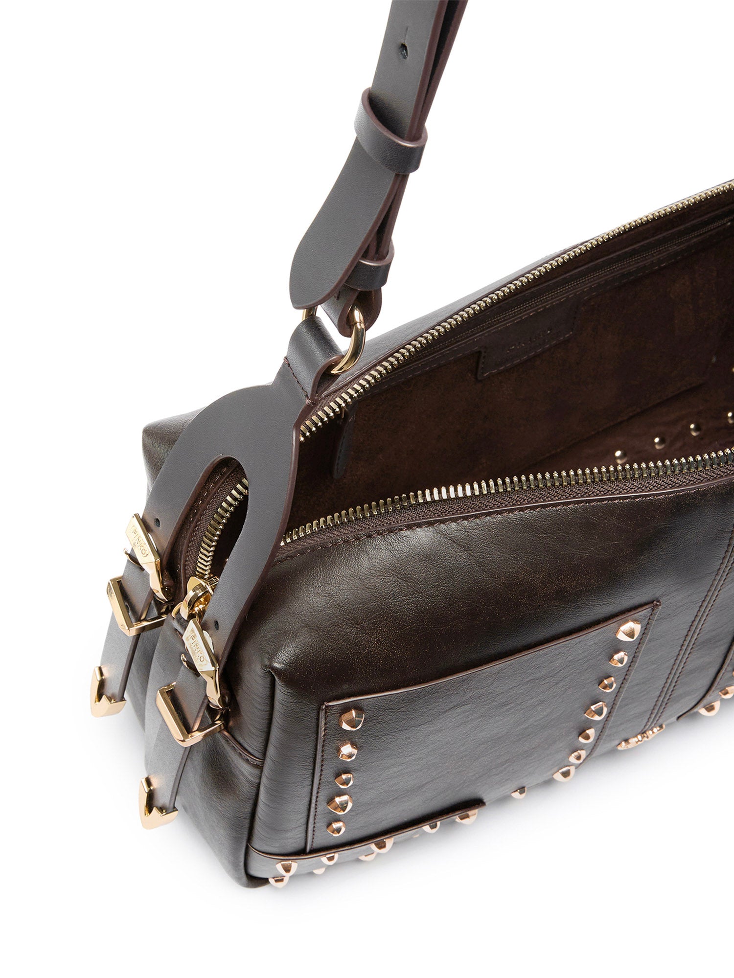 Borsa a spalla media Keeper Bag in pelle cloud con borchie 106676 A3MAL64Y PINKO 