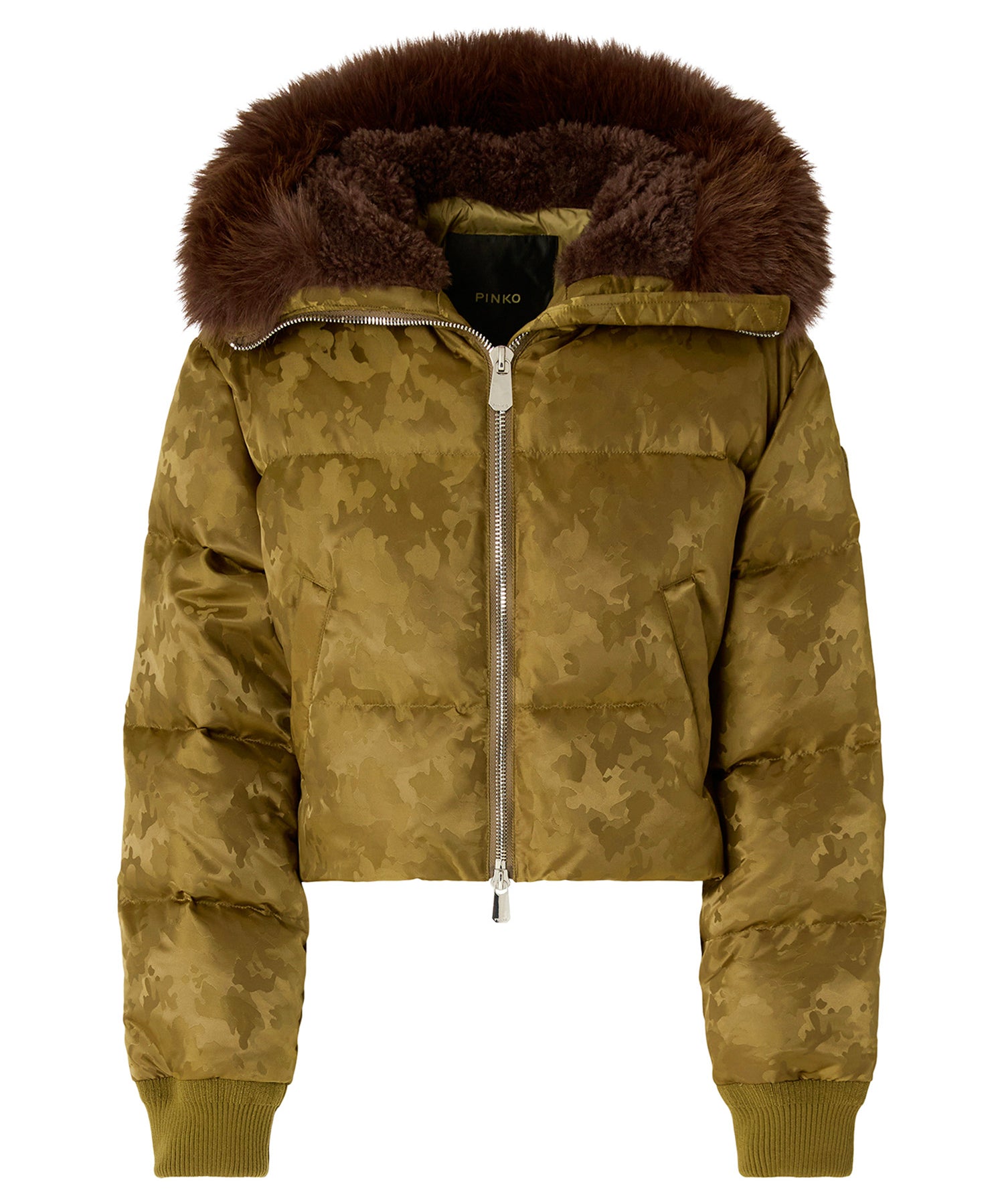 Piumino cropped in raso tecnico camouflage 107725 A3LZV59 PINKO 