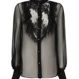 Blusa in chiffon di seta con finiture in pizzo e ruches 6B0AB7J0 2UP0NO VALENTINO GARAVANI 