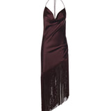Abito asimmetrico in satin con frange 106430 A33DR57 PINKO 