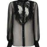 Blusa in chiffon di seta con finiture in pizzo e ruches 6B0AB7J0 2UP0NO VALENTINO GARAVANI 
