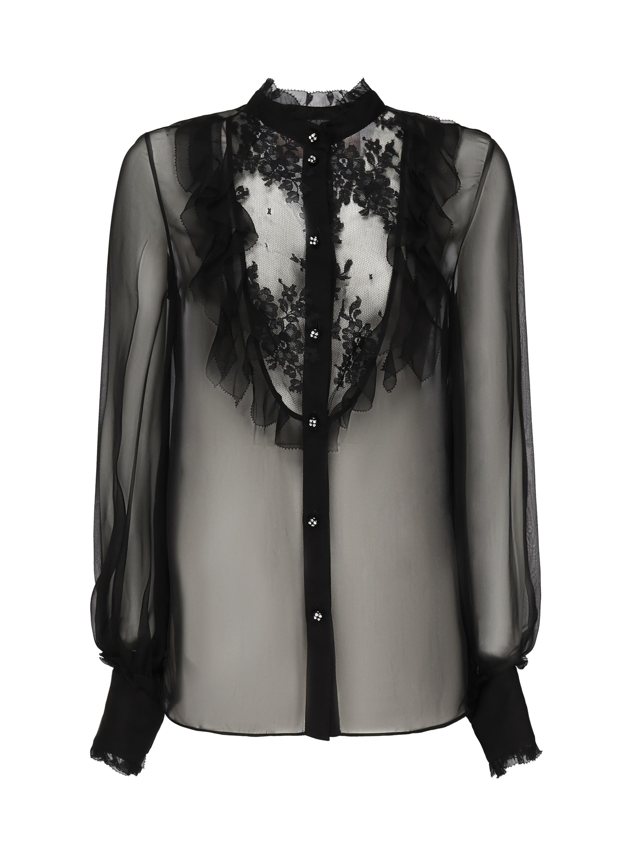 Blusa in chiffon di seta con finiture in pizzo e ruches 6B0AB7J0 2UP0NO VALENTINO GARAVANI 