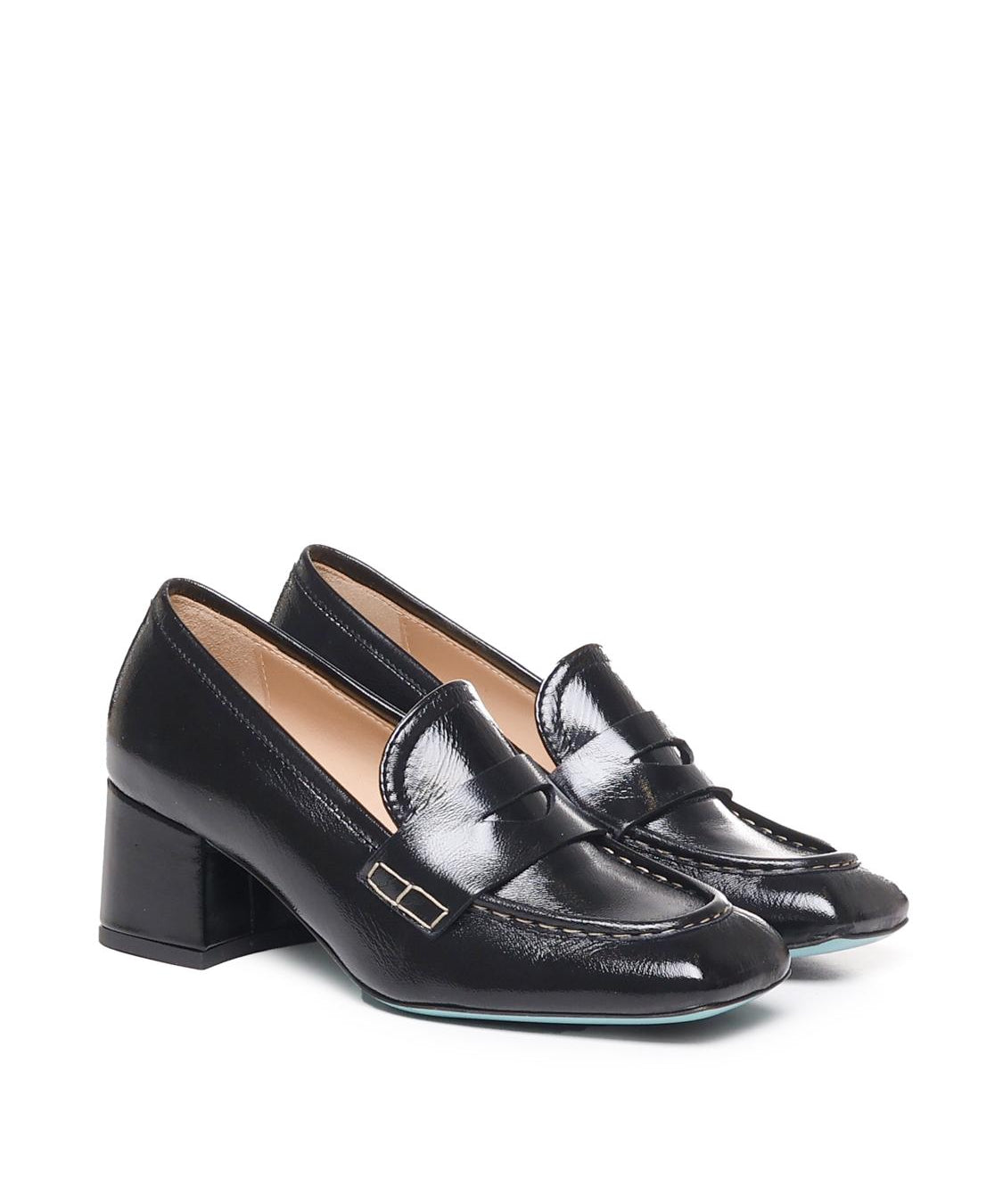 Mocassino in vernice con tacco<BR/> CELESTE 02 VERLUXNERO FRATELLI RUSSO 