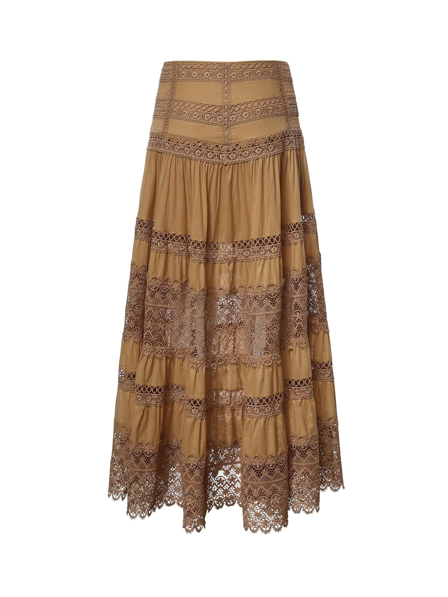 Gonna lunga Serza in voile di cotone e pizzo<BR/> 261402 CINNAMON CHARO RUIZ 