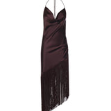 Abito asimmetrico in satin con frange 106430 A33DR57 PINKO 
