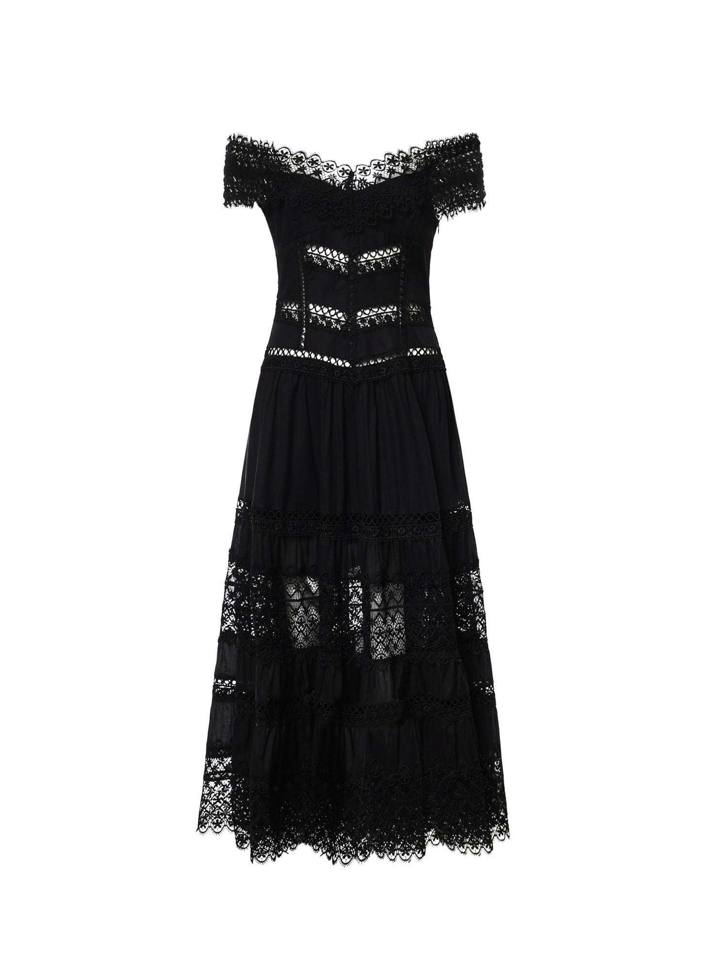Abito midi Amaira in voile di cotone e pizzo 261623 BLACK CHARO RUIZ 
