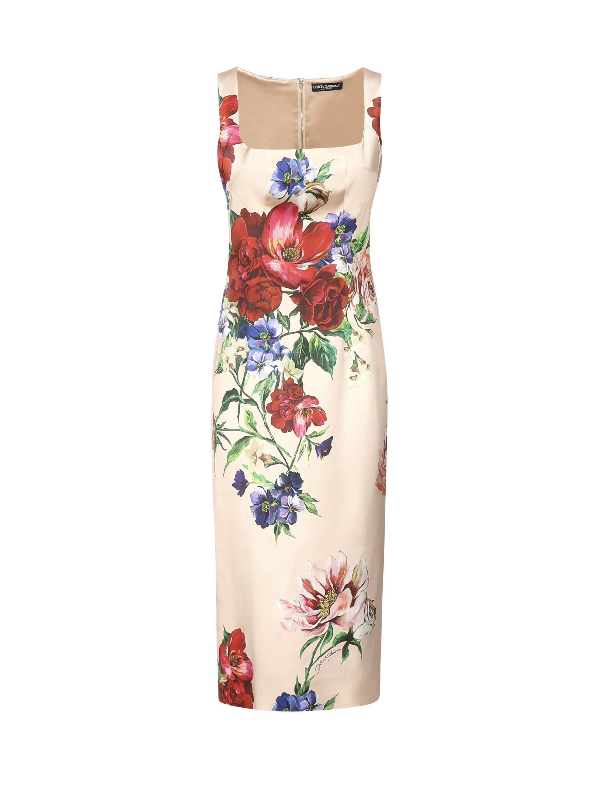 Abito longuette a tubino in raso stampa Fiori F6TTYT FSIB5H25PR DOLCE & GABBANA 