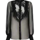 Blusa in chiffon di seta con finiture in pizzo e ruches 6B0AB7J0 2UP0NO VALENTINO GARAVANI 