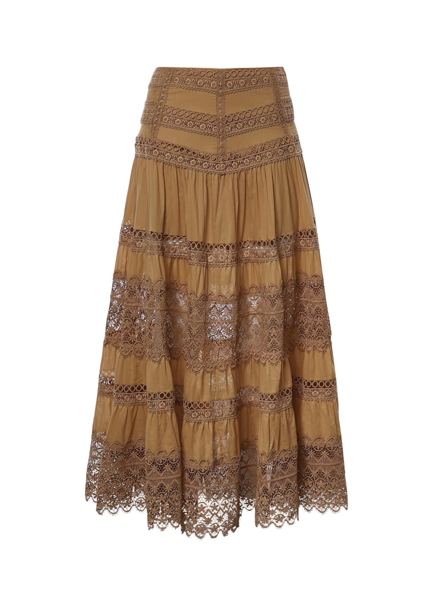 Gonna lunga Serza in voile di cotone e pizzo<BR/> 261402 CINNAMON CHARO RUIZ 