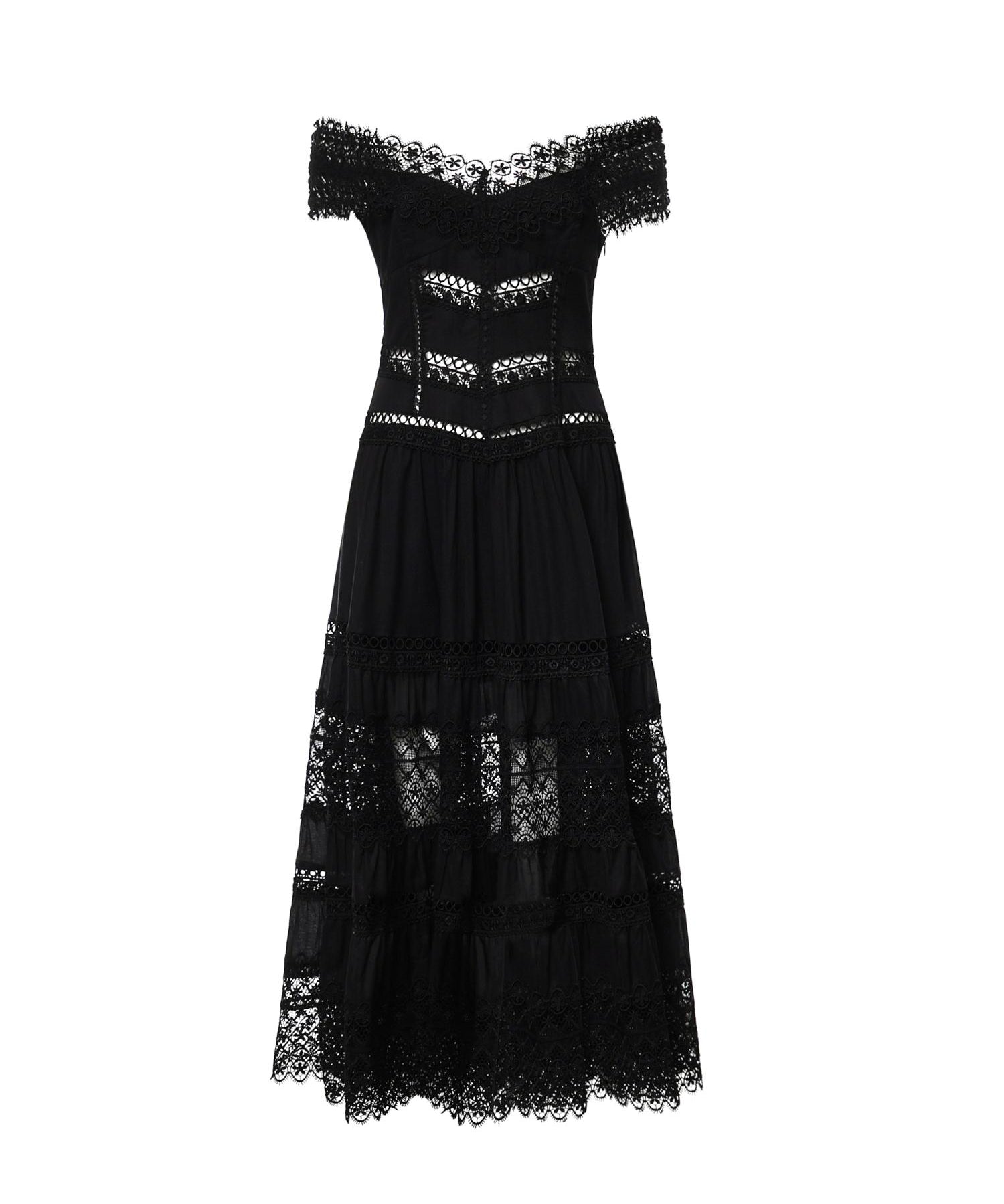 Abito midi Amaira in voile di cotone e pizzo 261623 BLACK CHARO RUIZ 