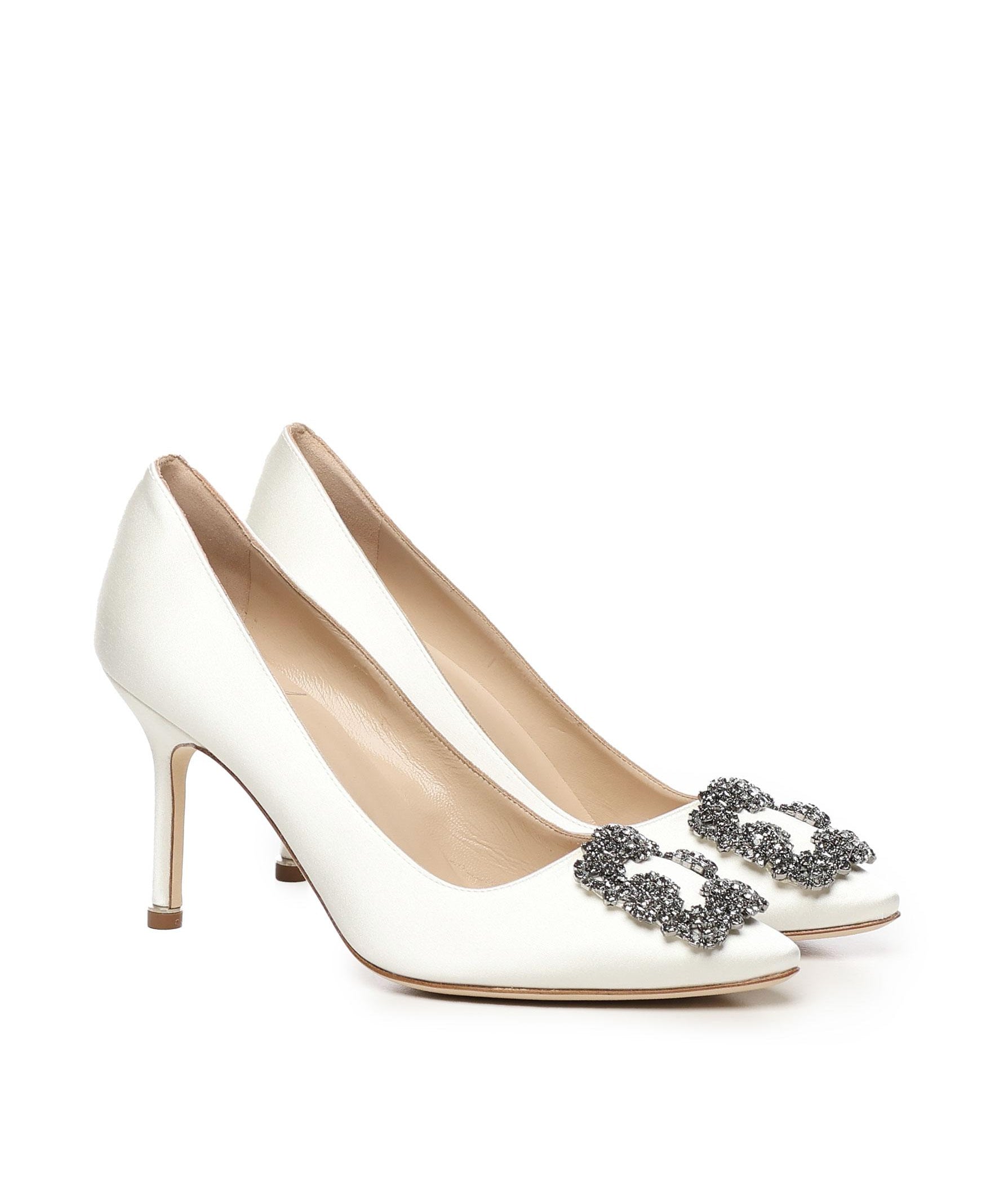 Décolleté Hangisi con fibbia gioiello in raso bianco 9XX0663 1309 MANOLO BLAHNIK 