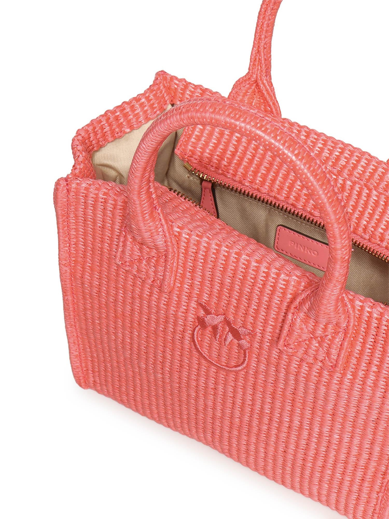 Borsa shopper piccola Beach in rafia con logo Love Birds<BR/> 106832 A39YN17 PINKO 